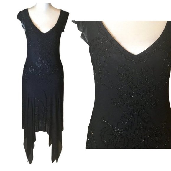Sue Wong Nocturne Black Beaded V Neck 20s Style Cocktail Dress - Picture 1 of 12